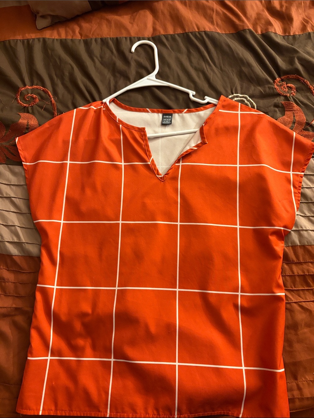 SHEIN Orange Windowpane Notch-Neck Cap Sleeve Top